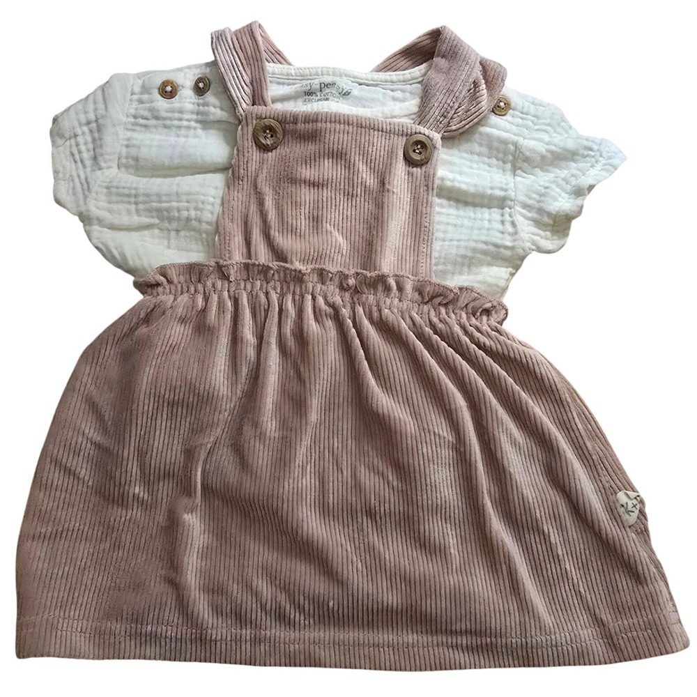 Easy-Peasy Baby Girls Ivory Cotton Gauze Top & Pink Corduroy Pinafore 6-9M